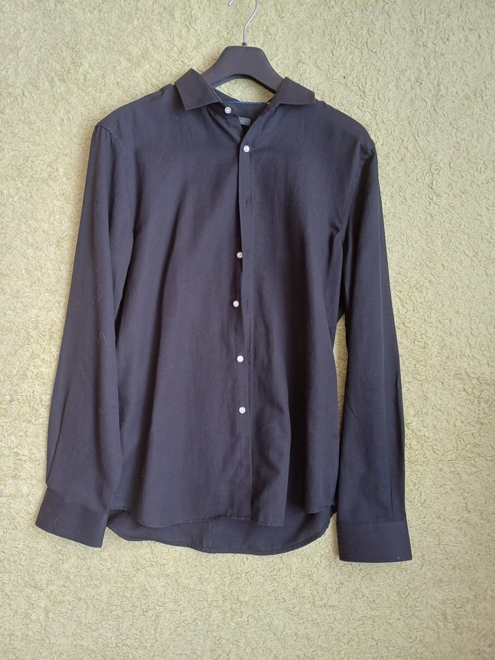 Siyah Keten Erkek Gömlek, Uzun Kollu, Regular Fit - Görsel 2