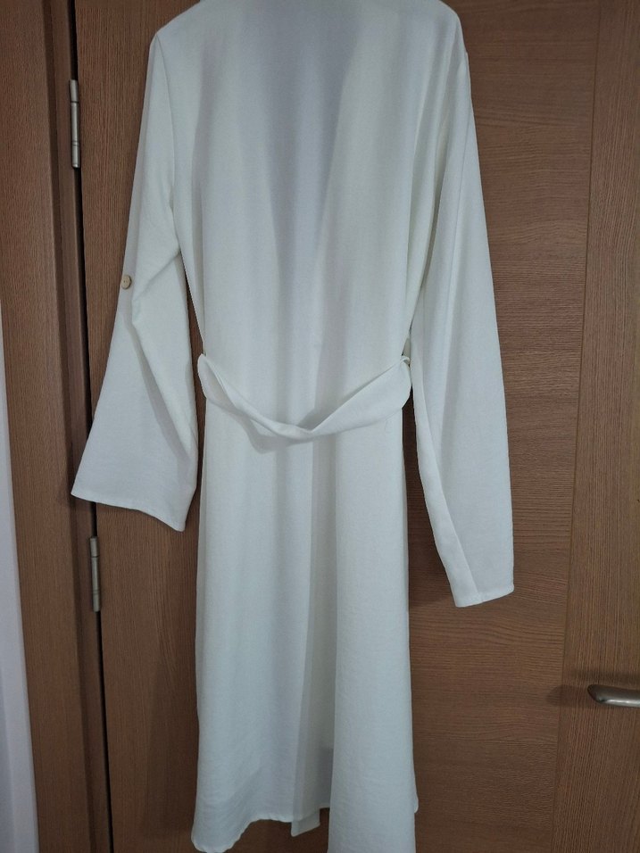 Beyaz Keten Uzun Kadın Trençkot - Görsel 3