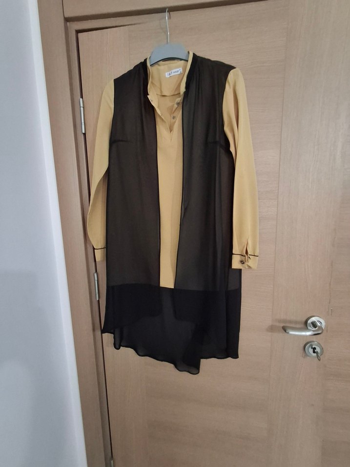 Uzun Kol,  şifon detaylı hardal Tunik - Görsel 2