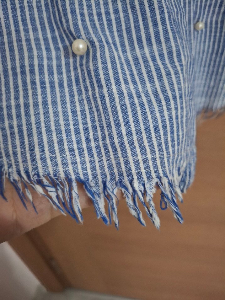 Mavi Çizgili inci detaylı Uzun Kollu Keten Gömlek - Görsel 2