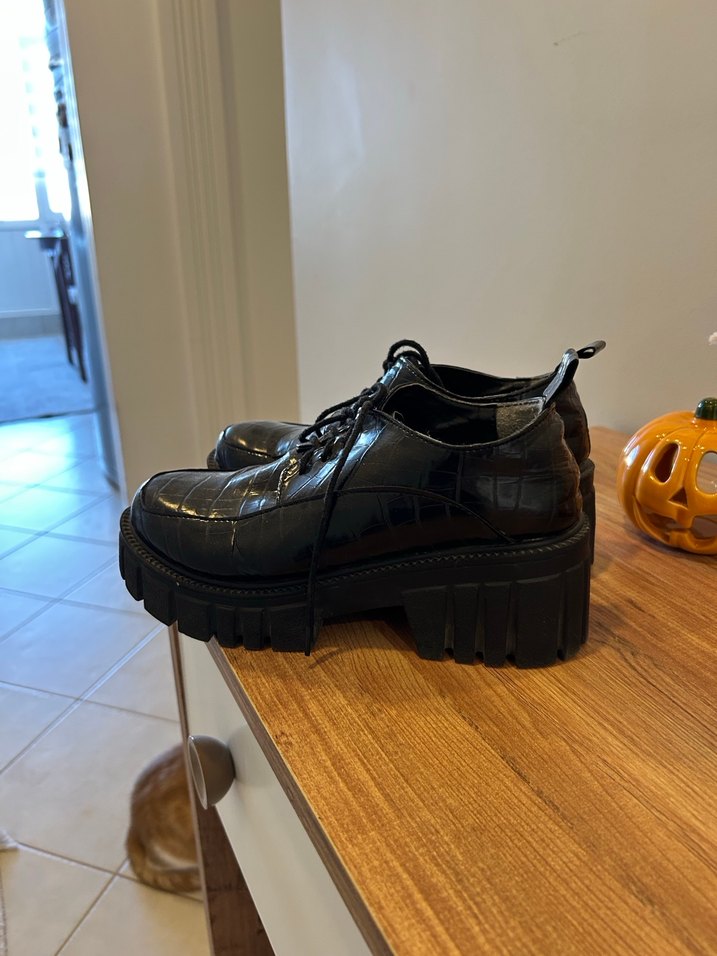 Siyah Yılan Desenli Platform Topuklu Rugan Loafer Kadın Ayakkabı - Görsel 3