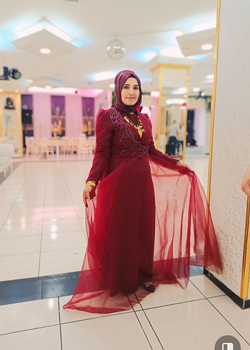 Bordo Uzun Kollu Straplez Abiye Elbise