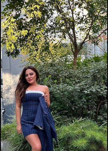 Kadın Lacivert Çizgili Straplez Mini Elbise