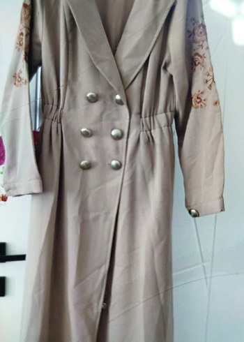 Bej Nakışlı Uzun Keten Kadın Kaban pardesü trençkot - Görsel 2