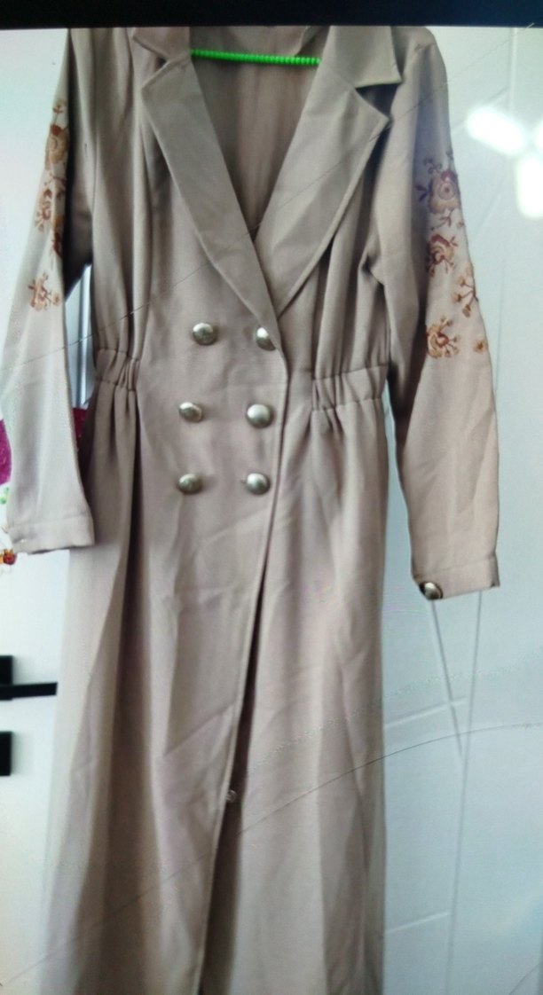 Bej Nakışlı Uzun Keten Kadın Kaban pardesü trençkot - Görsel 2