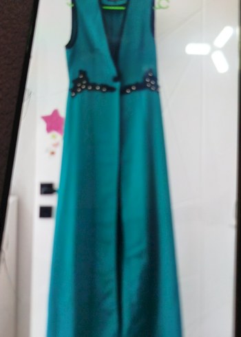 Turkuaz Nakışlı Kemerli Uzun Kadın Elbise yelek - Görsel 2