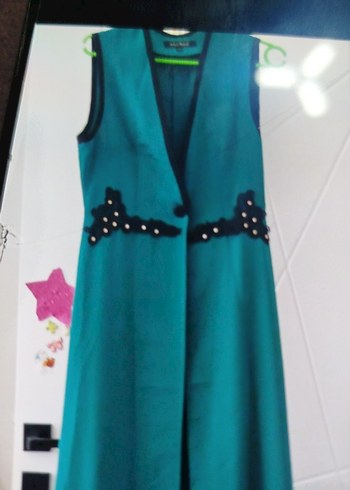 Turkuaz Nakışlı Kemerli Uzun Kadın Elbise yelek - Görsel 3