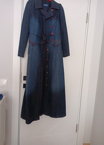 38 Beden Lacivert Uzun Denim Kadın Kaban