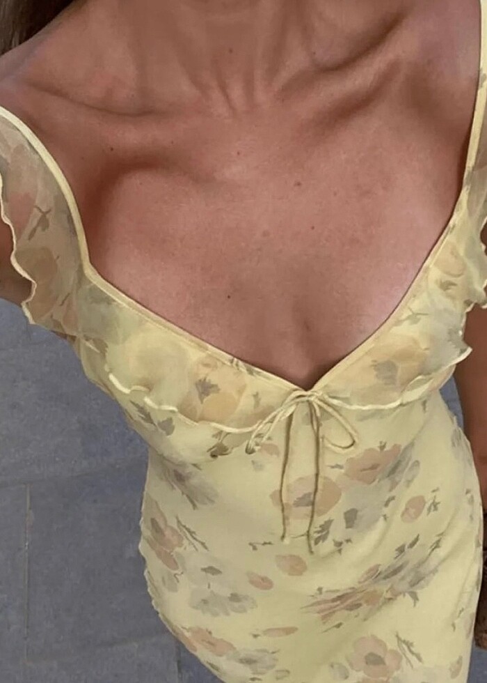 Vintage çiçekli sarı askılı elbise - Görsel 3