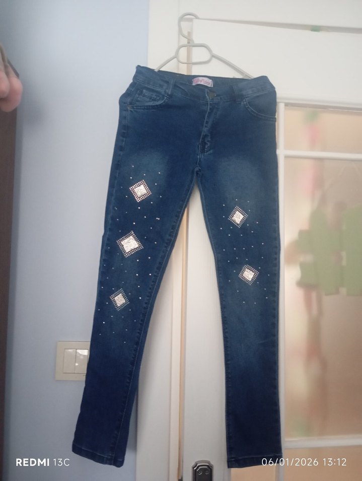 Kızlar için Mavi Payetli Nakışlı Denim Pantolon - Görsel 2