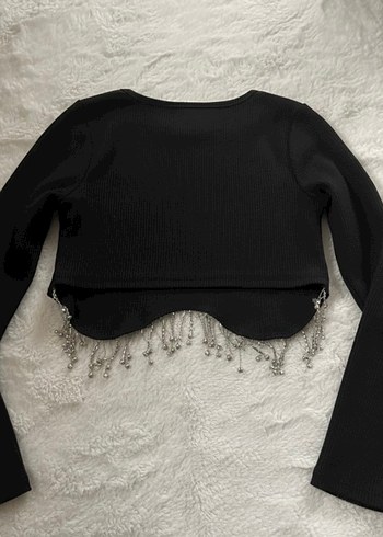 Siyah Taşlı Crop Top, Uzun Kollu, Mini - Görsel 2