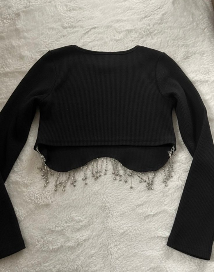 Siyah Taşlı Crop Top, Uzun Kollu, Mini - Görsel 2