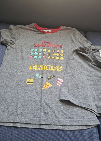 tek beden Beden Gri Desenli Kısa Kollu Erkek Pijama Takımı