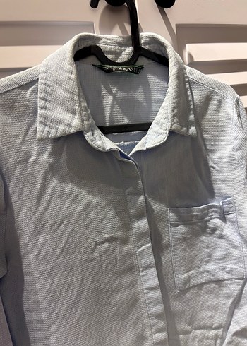 Buz Mavi Uzun Kollu Keten Kadın Gömlek - Görsel 4