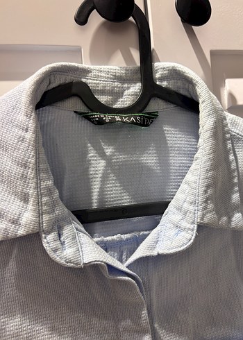 Buz Mavi Uzun Kollu Keten Kadın Gömlek - Görsel 3