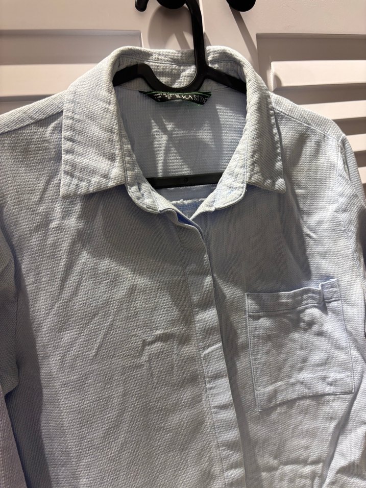 Buz Mavi Uzun Kollu Keten Kadın Gömlek - Görsel 4