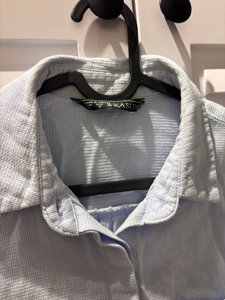 Buz Mavi Uzun Kollu Keten Kadın Gömlek - Görsel 3