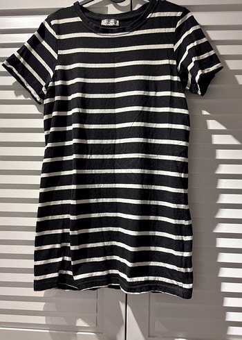 Siyah Beyaz Çizgili Kadın Kısa Kollu Mini Elbise - Görsel 2