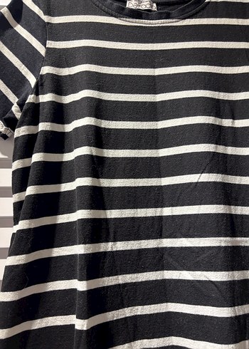 Siyah Beyaz Çizgili Kadın Kısa Kollu Mini Elbise - Görsel 3