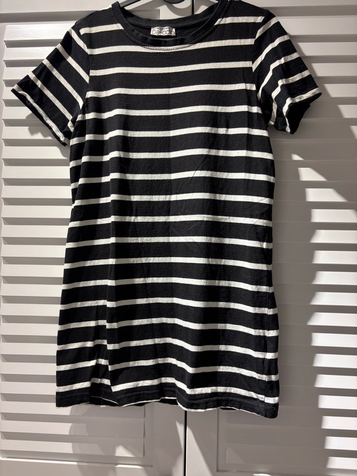 Siyah Beyaz Çizgili Kadın Kısa Kollu Mini Elbise - Görsel 2