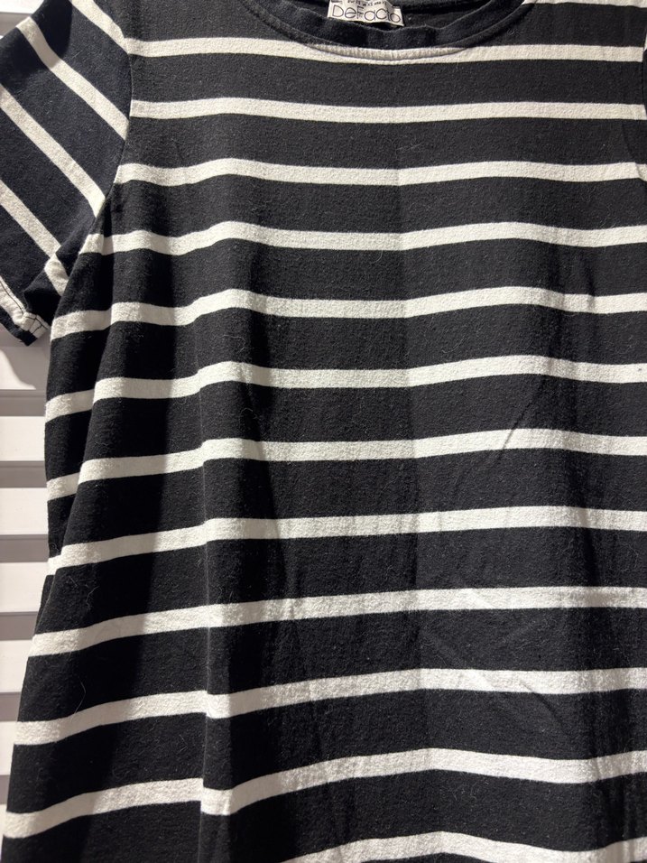 Siyah Beyaz Çizgili Kadın Kısa Kollu Mini Elbise - Görsel 3