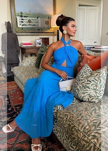 Zara Mavi Uzun Straplez Püsküllü Elbise