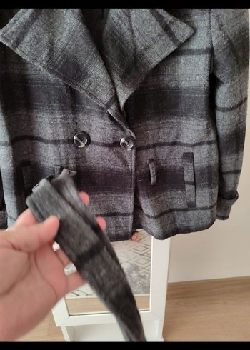 Gri Ekose Midi Kadın Kaban - Görsel 3