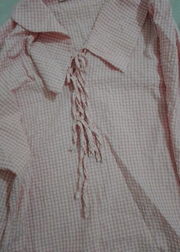 Pembe Keten Kadın Gömlek, Kısa Kollu, Düğmeli - Görsel 4