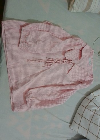 Pembe Keten Kadın Gömlek, Kısa Kollu, Düğmeli - Görsel 2