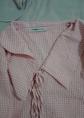 Pembe Keten Kadın Gömlek, Kısa Kollu, Düğmeli - Görsel 3