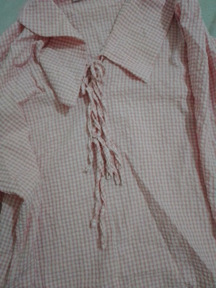 Pembe Keten Kadın Gömlek, Kısa Kollu, Düğmeli - Görsel 4