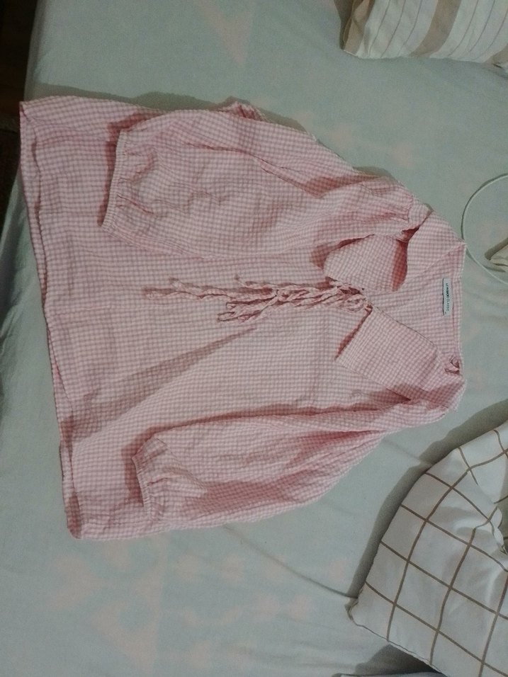 Pembe Keten Kadın Gömlek, Kısa Kollu, Düğmeli - Görsel 2