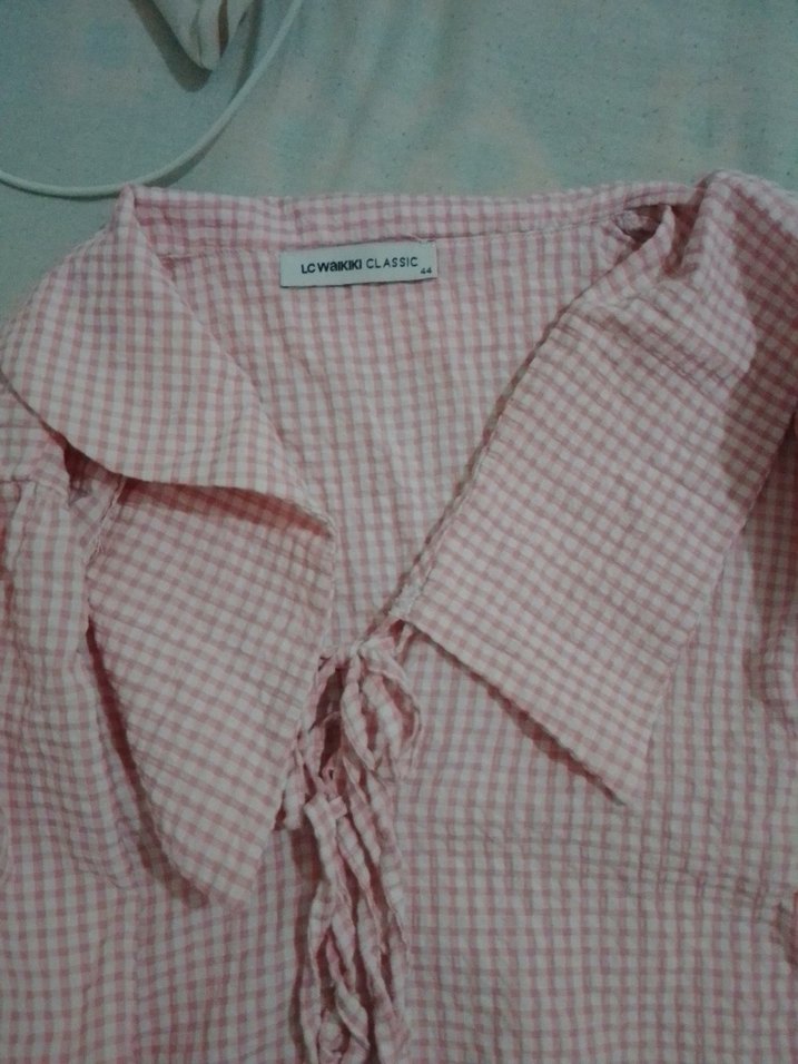 Pembe Keten Kadın Gömlek, Kısa Kollu, Düğmeli - Görsel 3