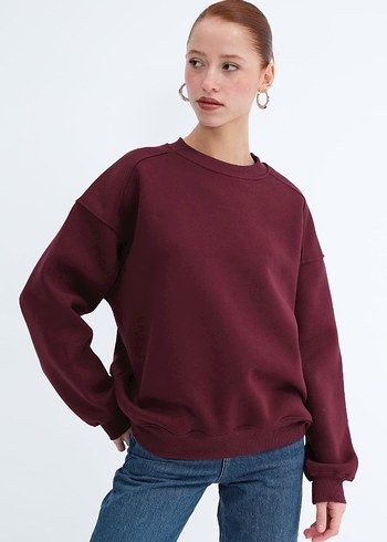 Bordo Kadın Oversize Basic Sweatshirt - Görsel 3