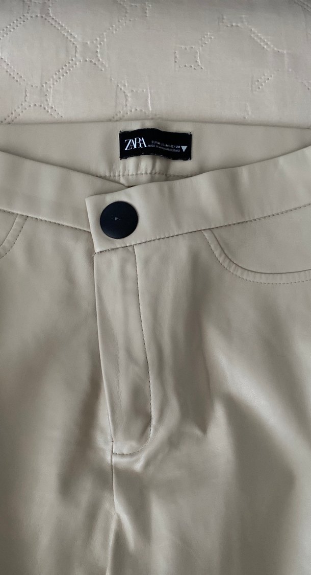 Düğmeli Bej Deri Kadın Pantolon - Görsel 2