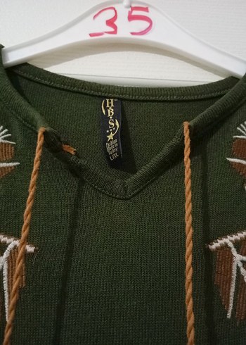 Nakışlı, Uzun Kollu, Kemerli Haki Elbise - Görsel 5