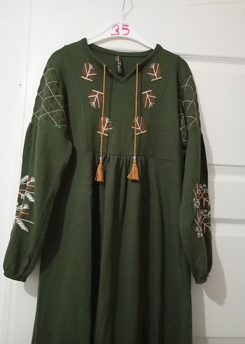 Nakışlı, Uzun Kollu, Kemerli Haki Elbise - Görsel 4