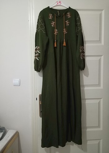 Nakışlı, Uzun Kollu, Kemerli Haki Elbise - Görsel 3