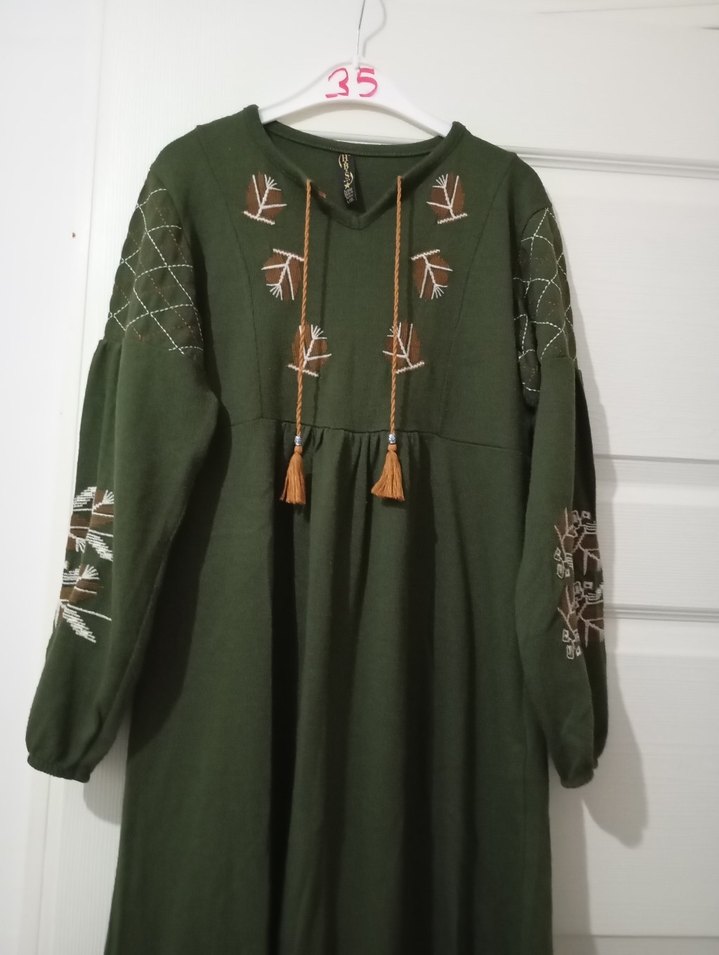 Nakışlı, Uzun Kollu, Kemerli Haki Elbise - Görsel 4