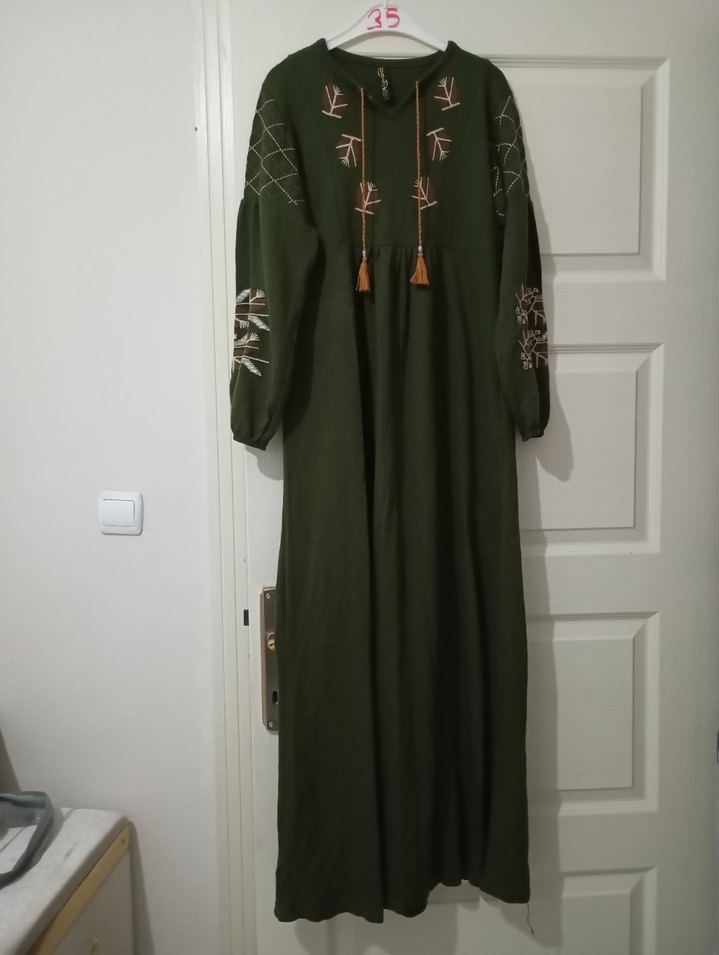 Nakışlı, Uzun Kollu, Kemerli Haki Elbise - Görsel 3