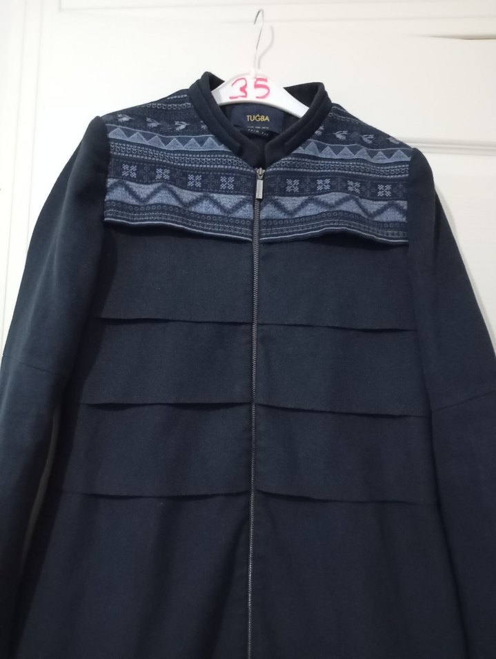 Lacivert Kadın Uzun Palto Katlamalı Detaylı - Görsel 2