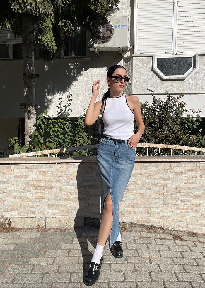 H&M yırtmaçlı kot etek - Görsel 5