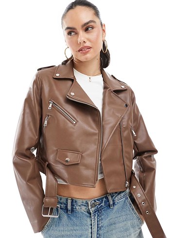 m Beden kahverengi Renk Stradivarius suni deri biker ceket