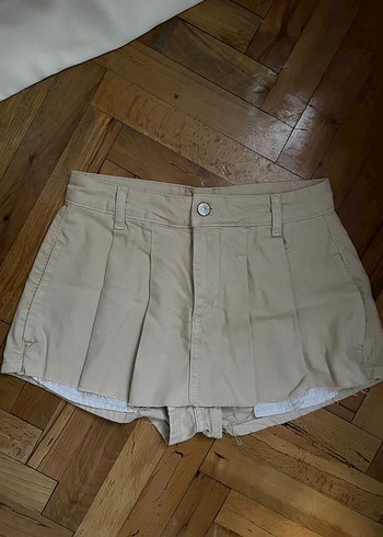 Pileli mini denim şort etek - Görsel 5