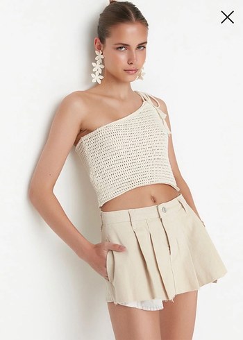 Pileli mini denim şort etek - Görsel 3