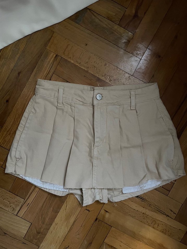 Pileli mini denim şort etek - Görsel 5