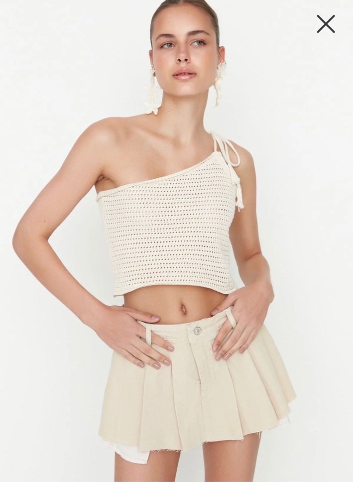 Pileli mini denim şort etek - Görsel 2