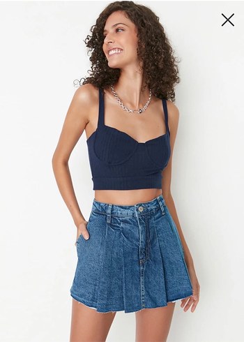 Pileli mini denim şort etek - Görsel 3