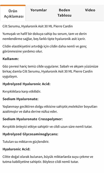  Beden Cilt Serumu, Hyaluronik Asit 30 ML Pierre Cardin