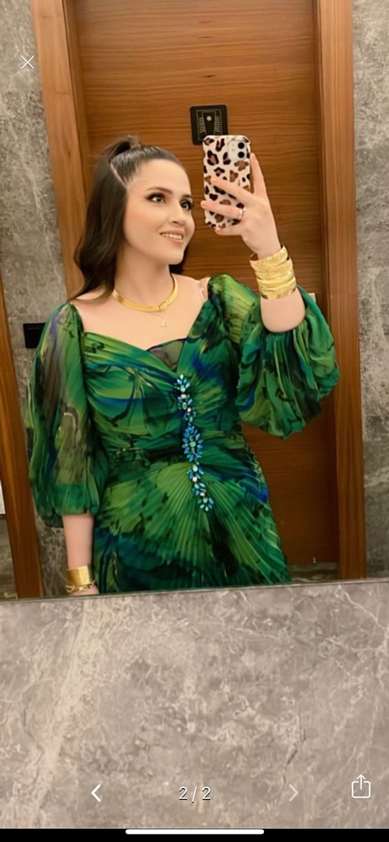 Yeşil Uzun Drapeli Batik Desenli Elbise - Görsel 2